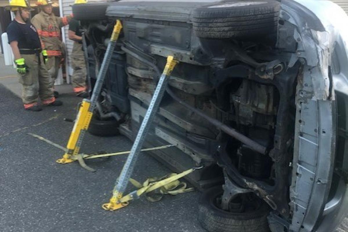 Overturned and braced car used for training purposes