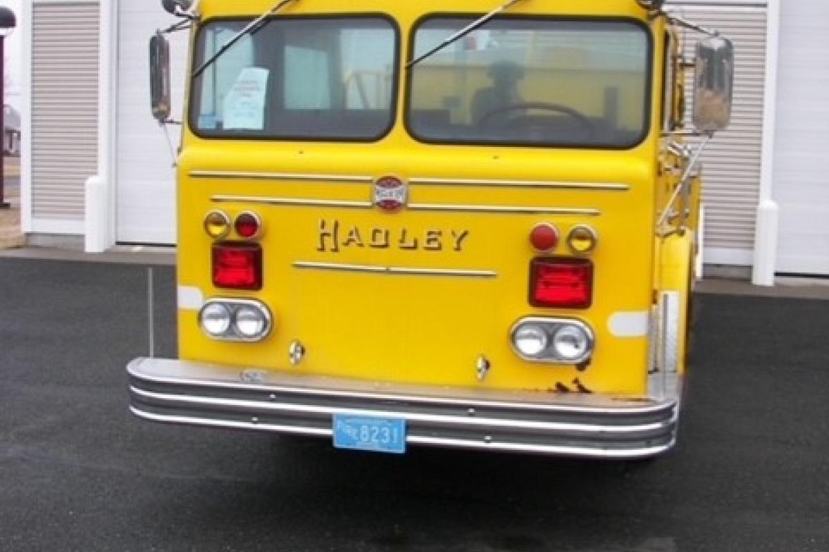 Yellow Hadley Fire's 1972 Maxim Pumper, front view