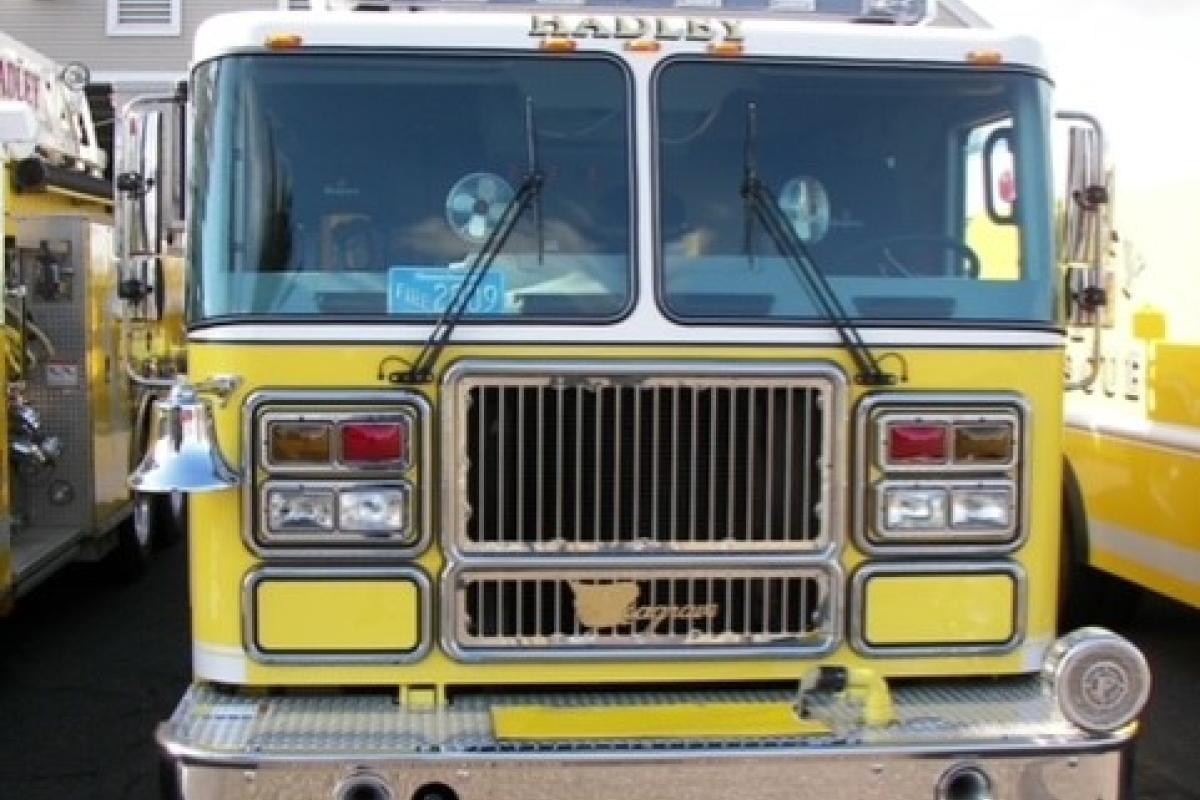 Yellow Hadley Fire Department's Engine 3 2006 Seagrave Marauder II Pumper, front of truck, showing the windshield, grill, bumper