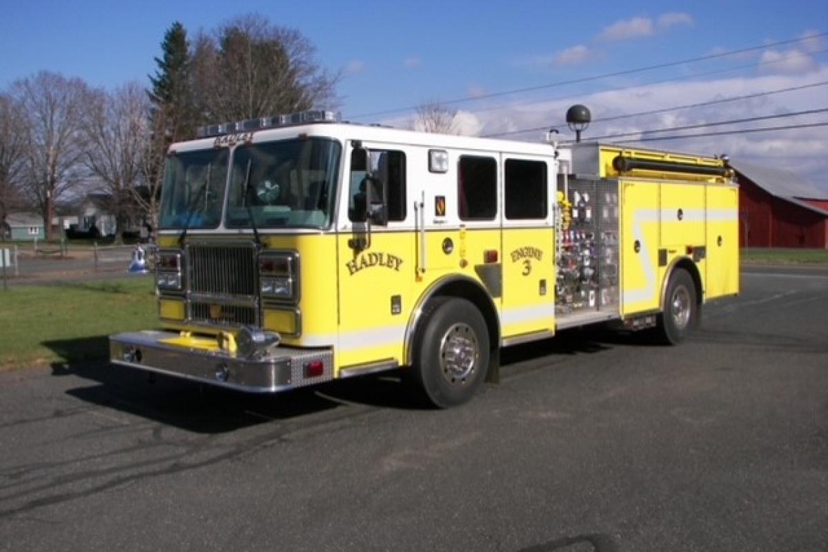 Yellow Hadley Fire Department's Engine 3 2006 Seagrave Marauder II Pumper, front angle showing drivers side of truck