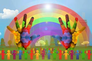 A rainbow with colorful hands and colorful human silhouettes in front of it.