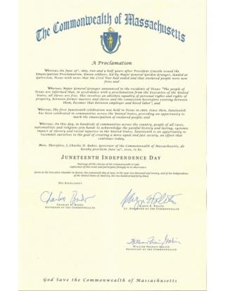 A facsimile of the proclamation issued and signed by Governor Baker recognizing Juneteenth as a state holiday.