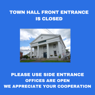 Flyer for the close of town hall front entrance - image of front entrance